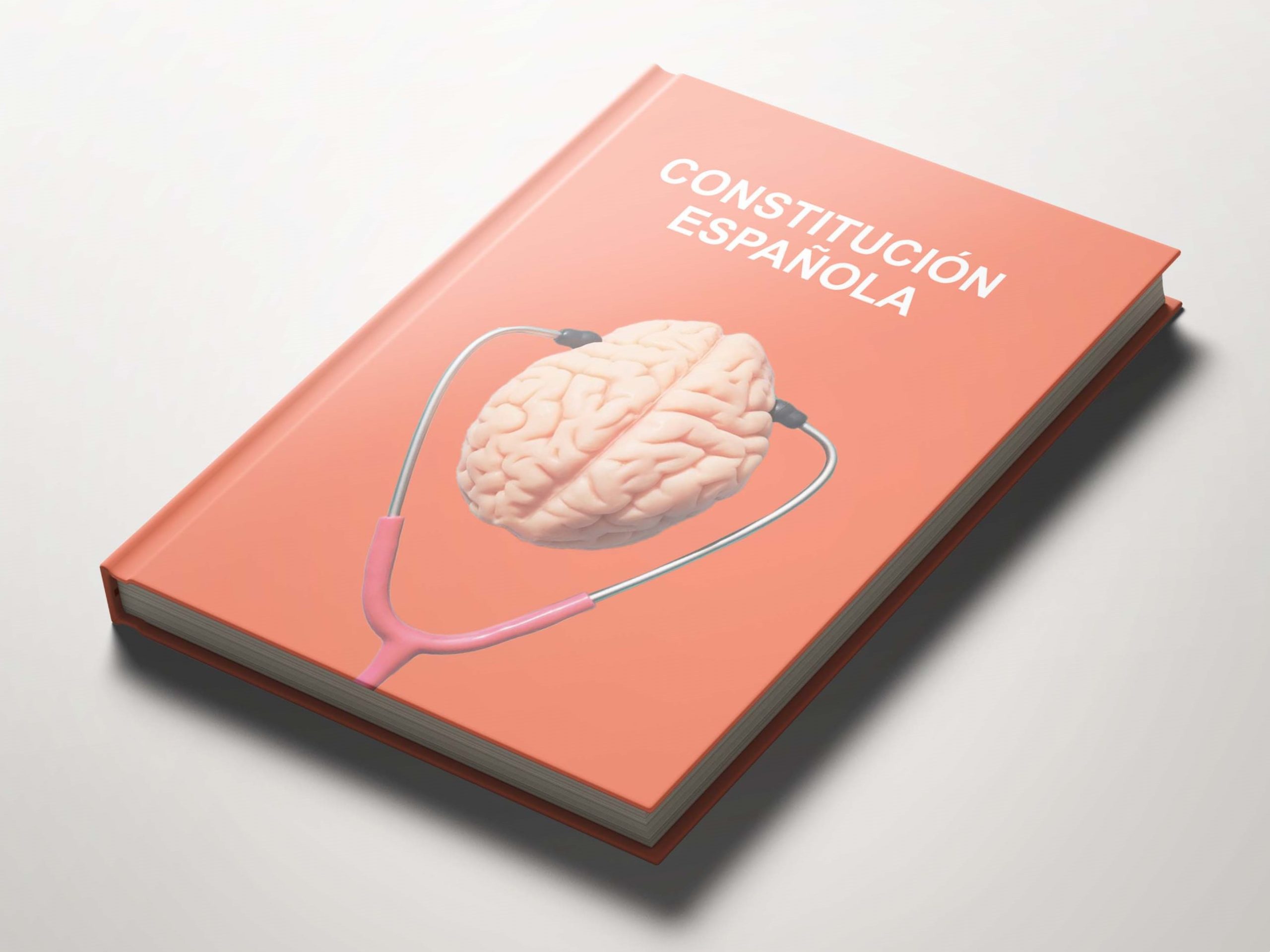 Libro rojo sobre un fondo gris. En la portada se observa un título que dice "Constitución Española". Abajo del título se encuentra el logotipo de la Plataforma Cuidemos la Psicología, que es una ilustración de un cerebro rosa al que le rodea un estetoscopio.